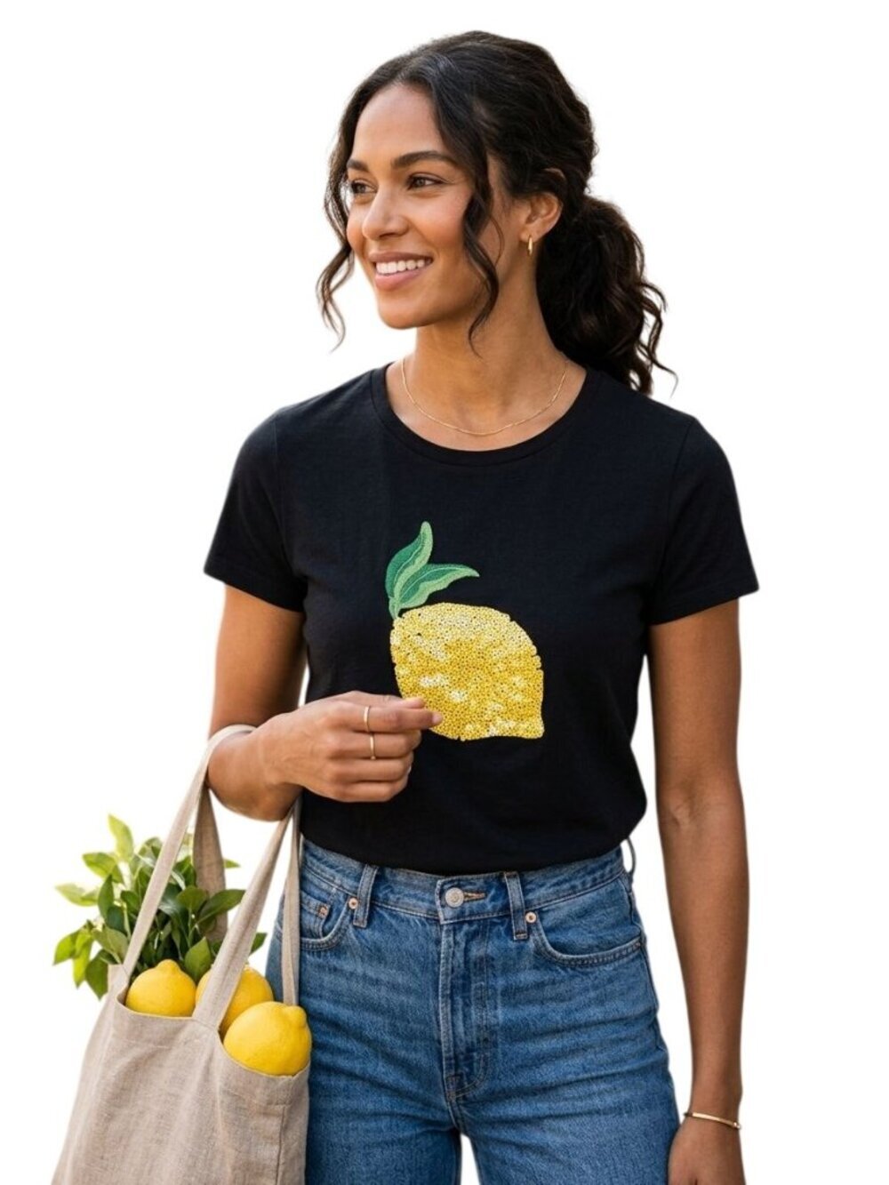J.Crew Collector Tee Navy Lemon Sequined Sustainable Cotton Top Size XS